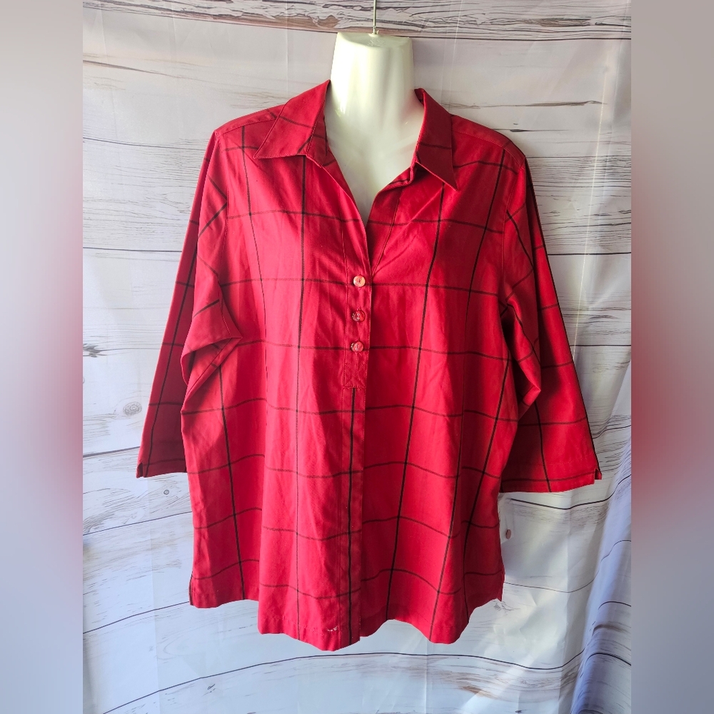 Alia Red Button-Up, 3/4 Sleeve Top, Size 16